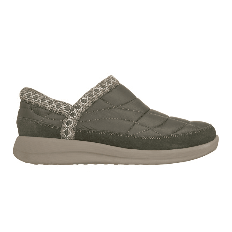 Chaussure de loisirs Skechers vert olive pour femme, vue latérale, avec tige matelassée et bordure tricotée