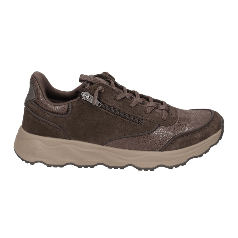 Sneaker femme Waldläufer marron avec fermeture éclair et lacets, vue latérale avec paillettes discrètes