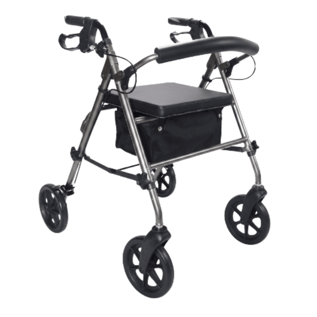 Déambulateur Ibis gris vu de biais avec siège rembourré, dossier et panier en tissu