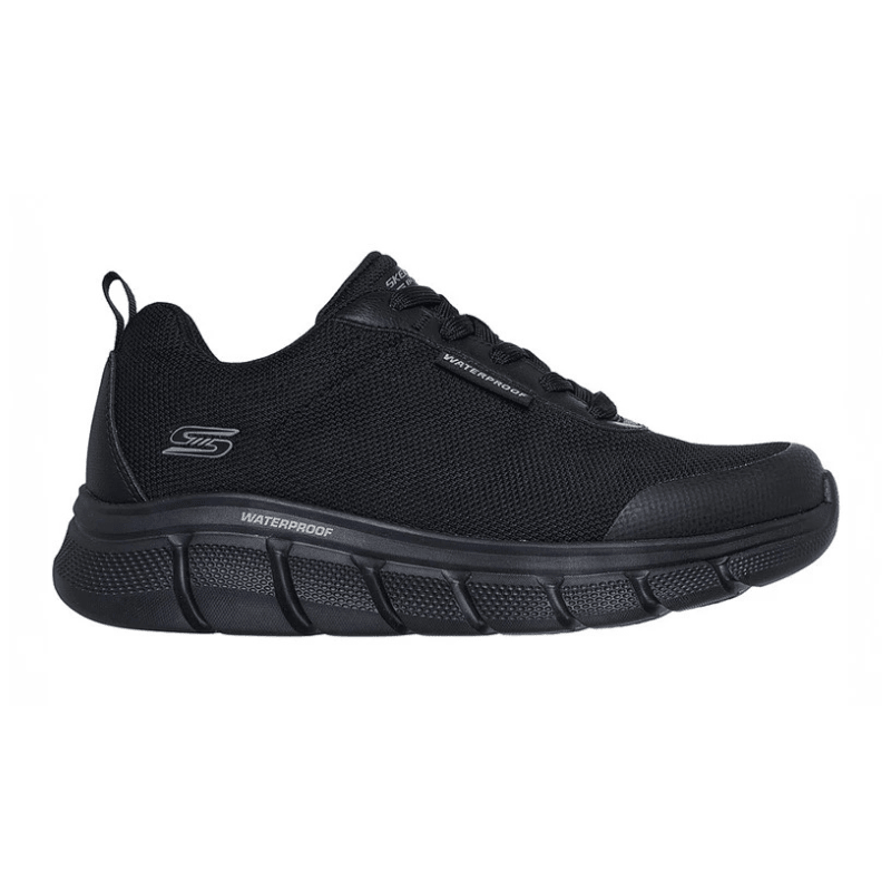 Sneaker homme Skechers imperméable noire vue de côté avec lacets et tige en mesh