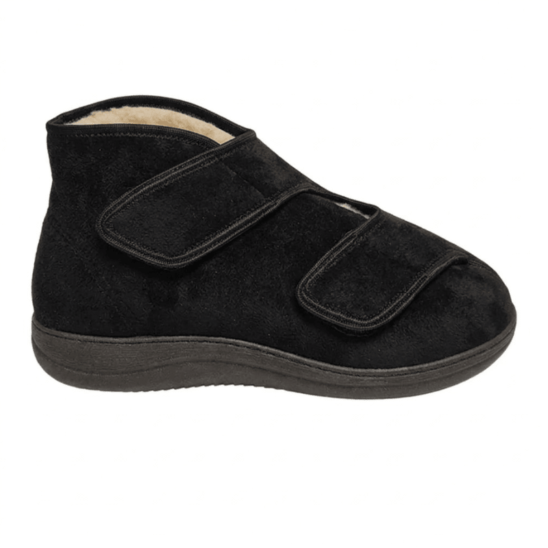 Chaussure thérapeutique noire doublée laine avec deux larges velcros, vue latérale