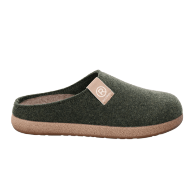 Chausson Rohde en feutre vert foncé pour femme, vue latérale avec semelle beige et logo