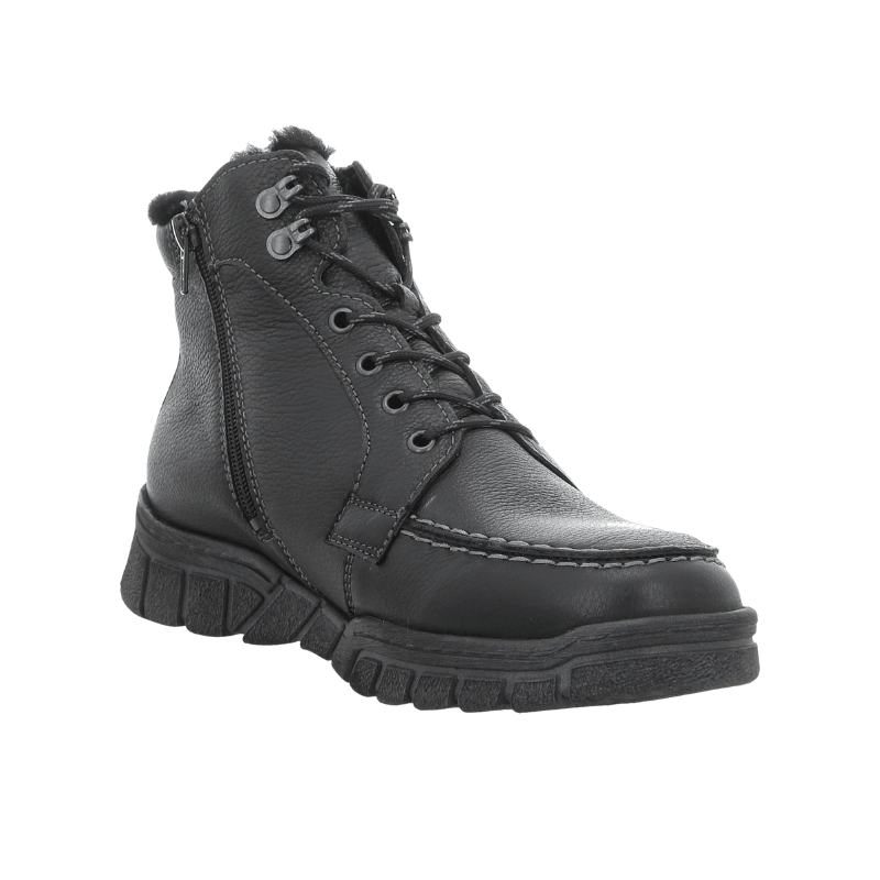 Botte homme Waldläufer en cuir nappa noir avec lacets et fermeture éclair, vue de face en angle avec doublure visible