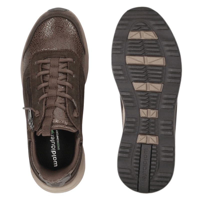 Sneaker femme Waldläufer marron vue de dessus et semelle extérieure antidérapante à motif