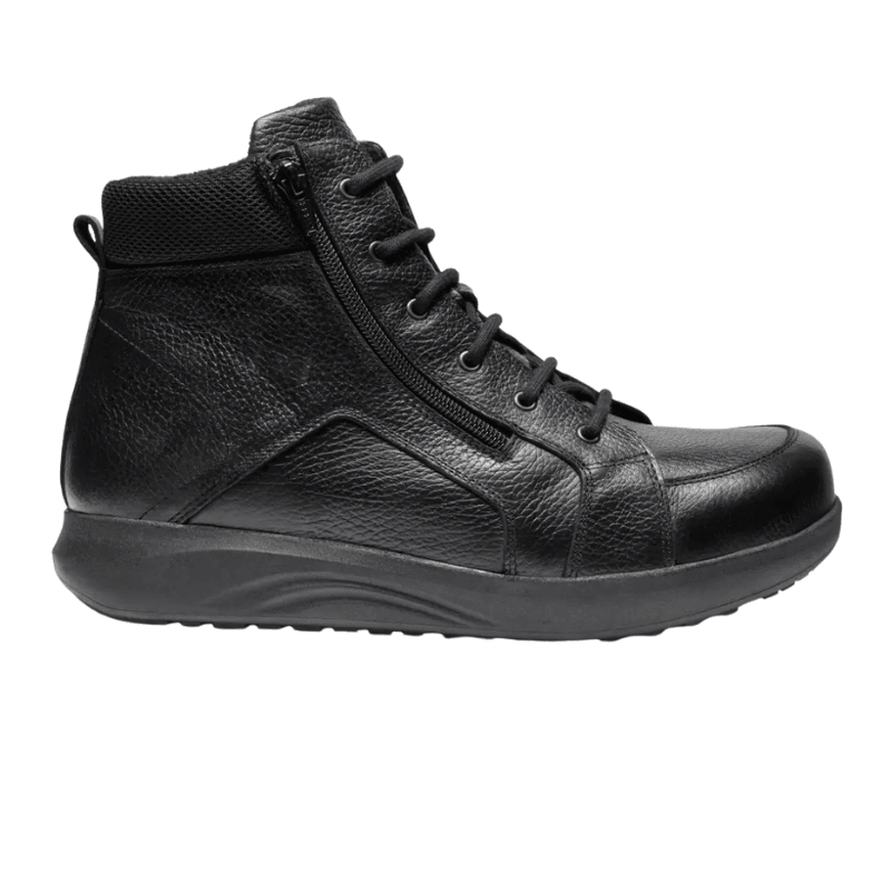 Bottine New Feet noire pour homme en cuir lisse, vue de côté, avec lacets et fermeture éclair