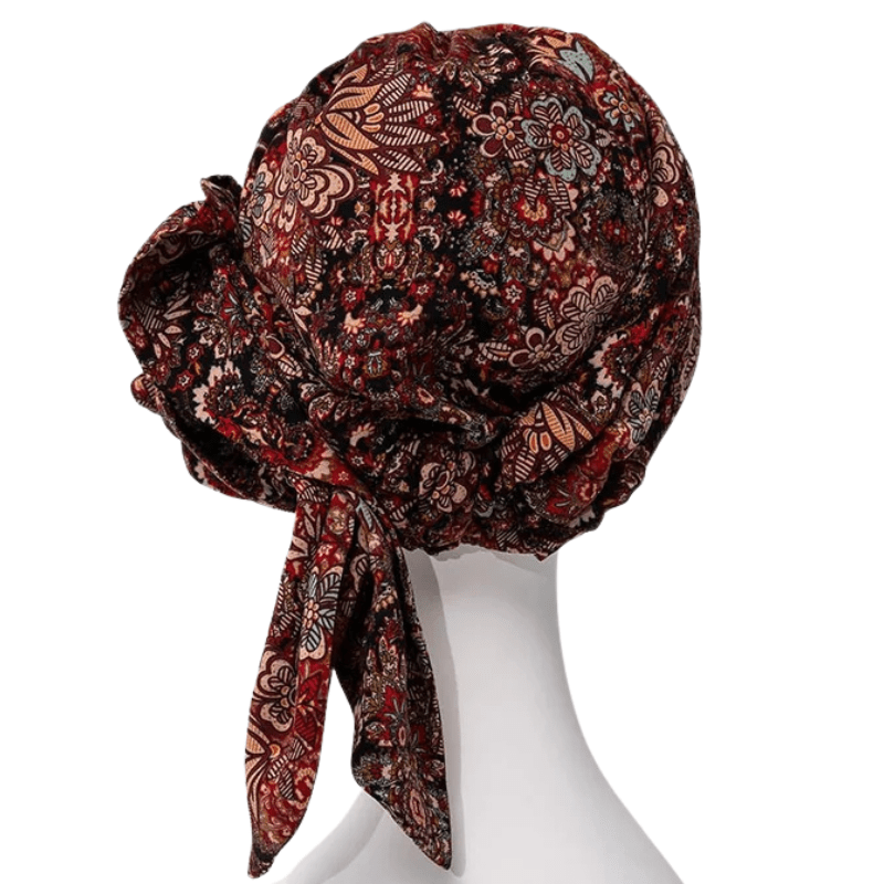 Turban Juvela Floral Folklore sur mannequin, vue arrière avec liens lâches et motif