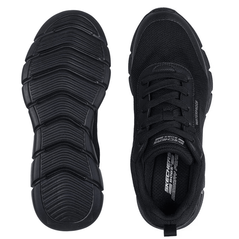 Sneaker homme Skechers noire vue de dessus et une semelle assortie à motif, vue de dessous