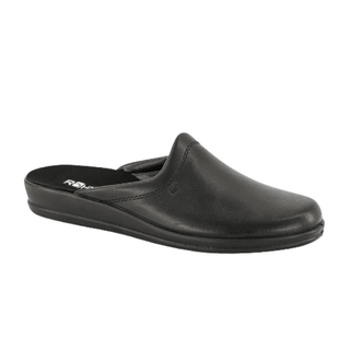 Pantoufle Rohde noire en cuir pour homme, vue en diagonale de face avec talon ouvert