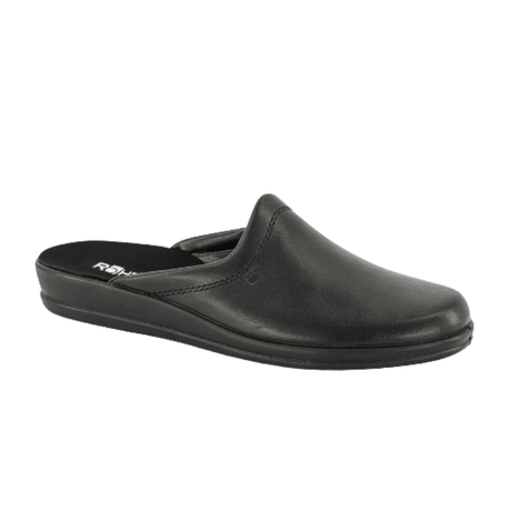 Pantoufle Rohde noire en cuir pour homme, vue en diagonale de face avec talon ouvert