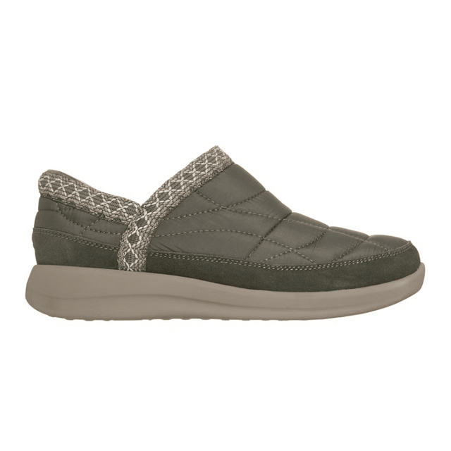 Chaussure de loisirs Skechers vert olive pour femme, vue latérale, avec tige matelassée et bordure tricotée