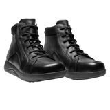 Deux bottines New Feet noires pour homme en cuir, vue légèrement de face, avec lacets et fermetures éclair
