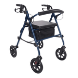 Déambulateur Ibis bleu avec siège rembourré et dossier, vu de biais avec panier en tissu