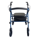 Déambulateur Ibis bleu vu directement de face, avec poignées ergonomiques, siège et dossier rembourrés