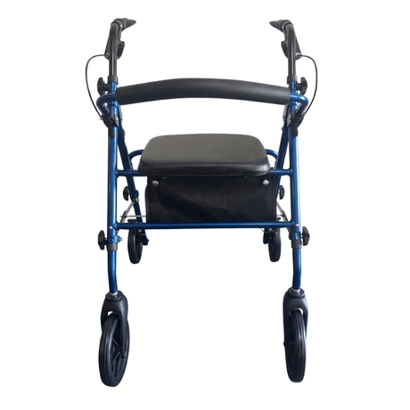 Déambulateur Ibis bleu vu directement de face, avec poignées ergonomiques, siège et dossier rembourrés