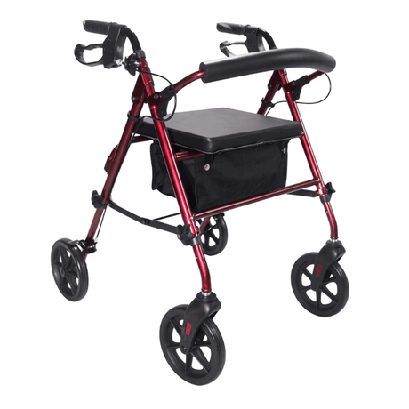 Déambulateur Ibis rouge vu de face avec siège rembourré noir, dossier et panier en tissu