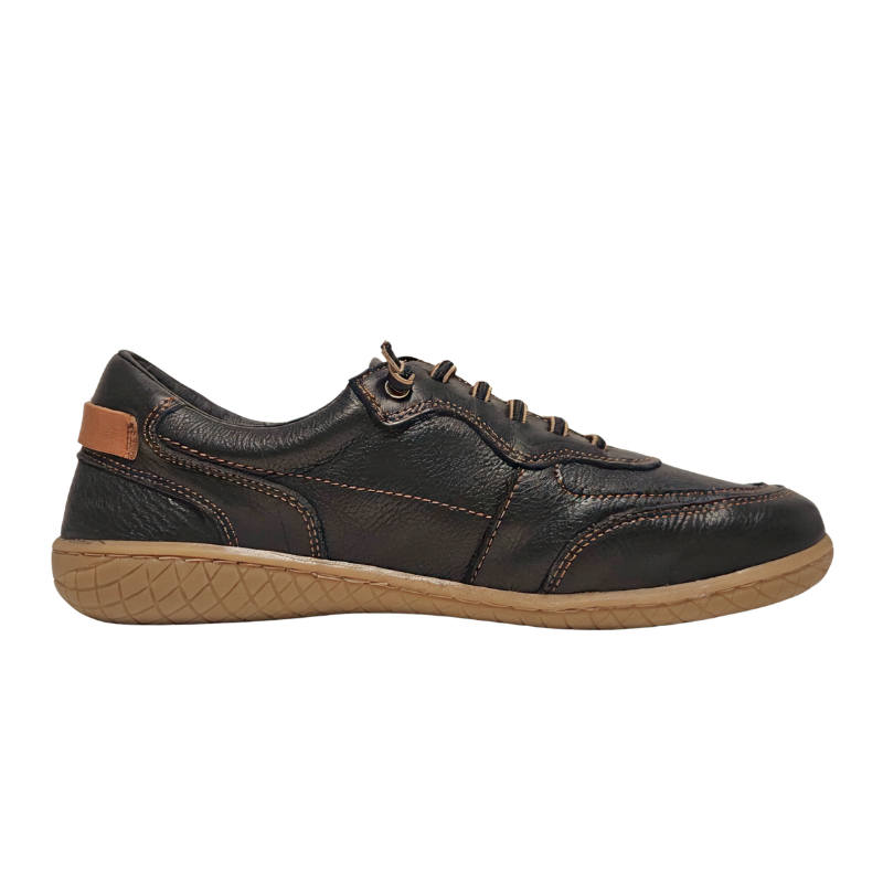Chaussure minimaliste noire Bella Moda pour femme, vue latérale avec lacets élastiques et semelle marron