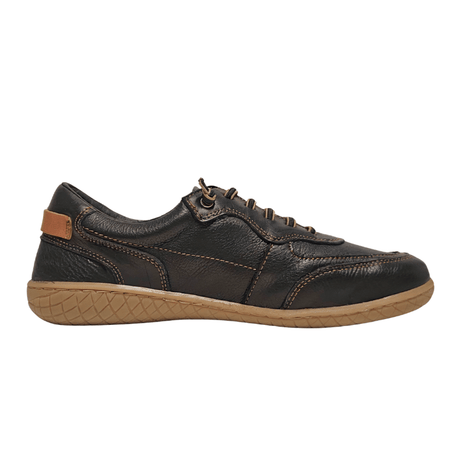 Chaussure minimaliste noire Bella Moda pour femme, vue latérale avec lacets élastiques et semelle marron