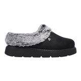 Chausson Skechers noir pour femme aspect daim avec fausse fourrure grise et semelle épaisse, vue latérale