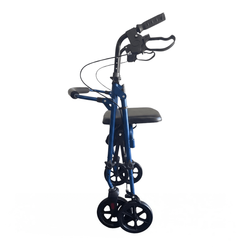 Déambulateur Ibis bleu vu de côté en position pliée, montrant son design compact