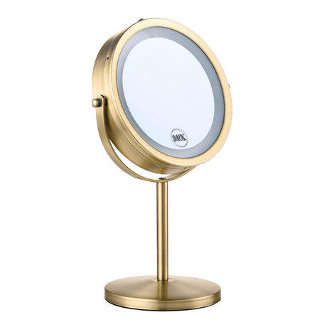 Miroir de maquillage doré avec lumière et grossissement 10x, vue avant inclinée sur pied