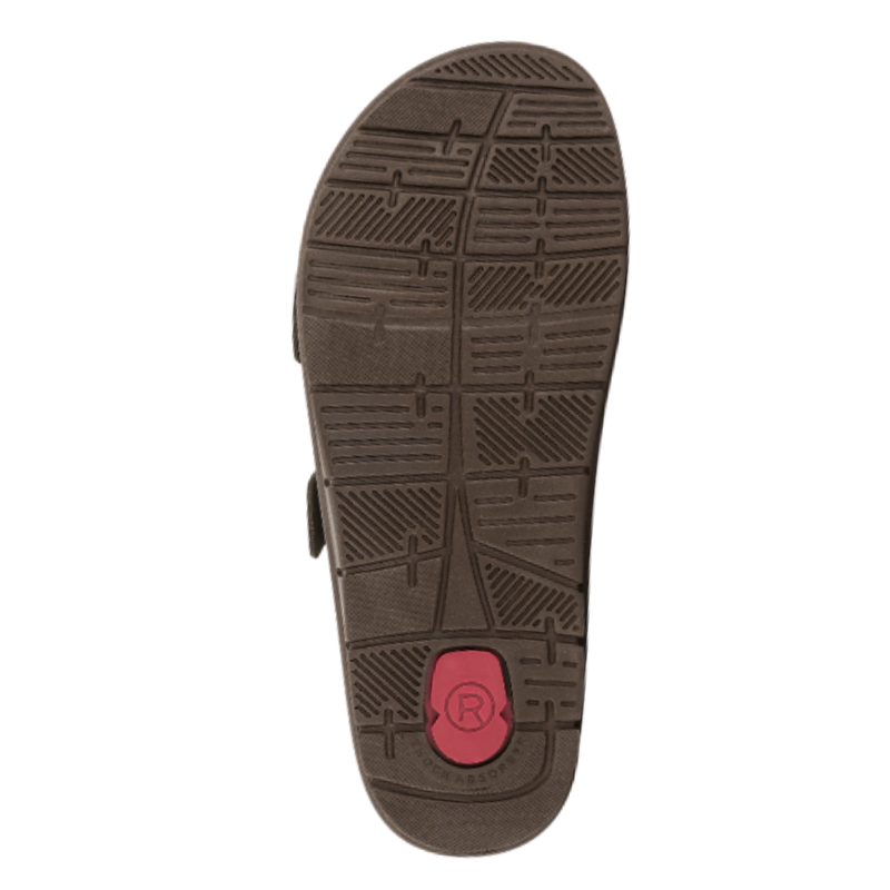 La semelle extérieure de la sandale femme Rohde vert olive avec motif antidérapant et logo rouge au talon