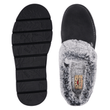 Chausson Skechers noir pour femme vu de dessus avec semelle intérieure et une semelle à motif vue de dessous