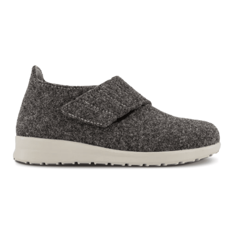 Chausson New Feet gris anthracite en laine avec large bride velcro, vue latérale