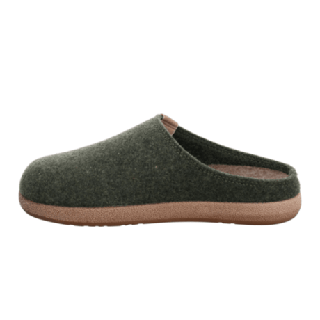 Chausson simple en feutre vert foncé pour femme, vue latérale avec semelle beige