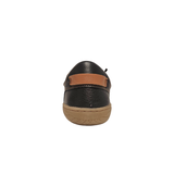 Vue arrière d'une chaussure minimaliste noire Bella Moda pour femme avec une sangle en cuir marron sur le talon