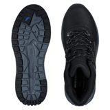 Deux bottines noires Skechers pour homme, l'une vue de dessus et l'autre montrant le motif de la semelle