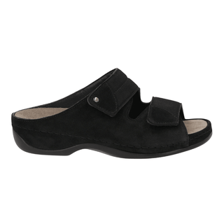 Pantoufle Berkemann noire en daim pour femme, vue latérale avec brides velcro ajustables