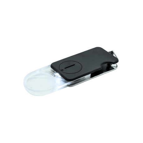 Loupe de poche pliable noire avec lumière, dépliée et allumée, éclairant la lentille grossissante claire 3,5x