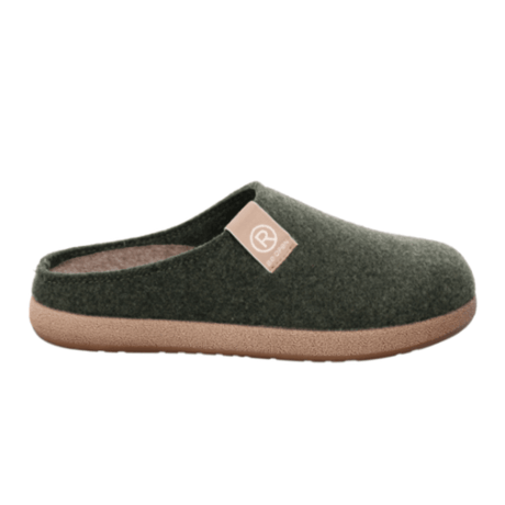 Chausson Rohde en feutre vert foncé pour femme, vue latérale avec semelle beige et logo
