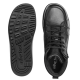 Une bottine New Feet noire pour homme vue de dessus et une semelle extérieure avec motif et logo