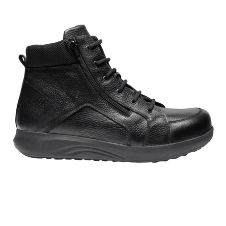Bottine New Feet noire pour homme en cuir lisse, vue de côté, avec lacets et fermeture éclair