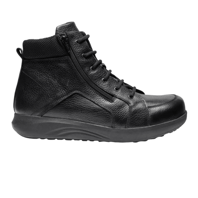 Bottine New Feet noire pour homme en cuir lisse, vue de côté, avec lacets et fermeture éclair