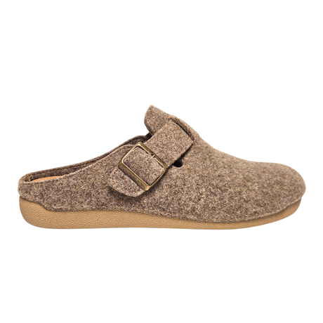 Pantoufle beige en laine Bella Moda pour femme avec petite boucle sur le dessus, vue de côté