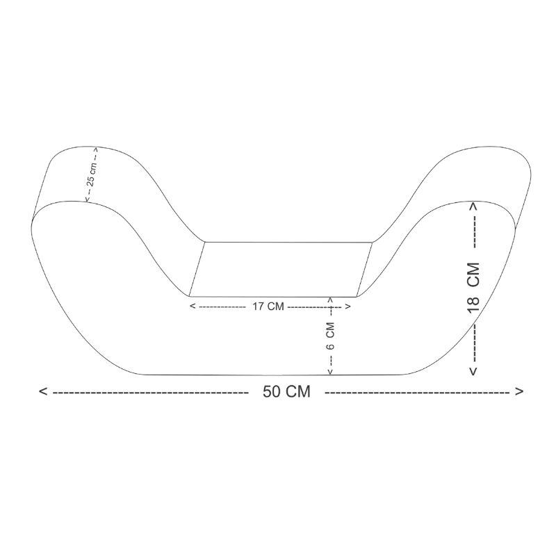 Croquis du coussin lombaire indiquant des mesures comme 50 cm de longueur et 18 cm de hauteur pour un ajustement optimal