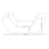Croquis du coussin lombaire indiquant des mesures comme 50 cm de longueur et 18 cm de hauteur pour un ajustement optimal