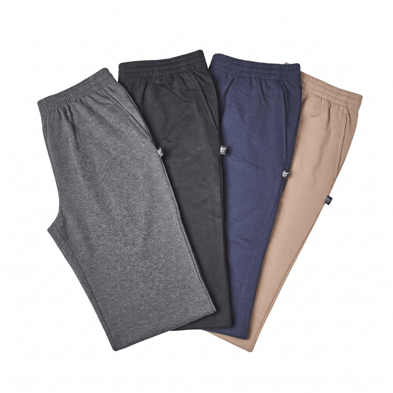 Quatre pantalons de loisirs Hajo gris anthracite, noir, bleu marine et beige, éventail avec taille élastique